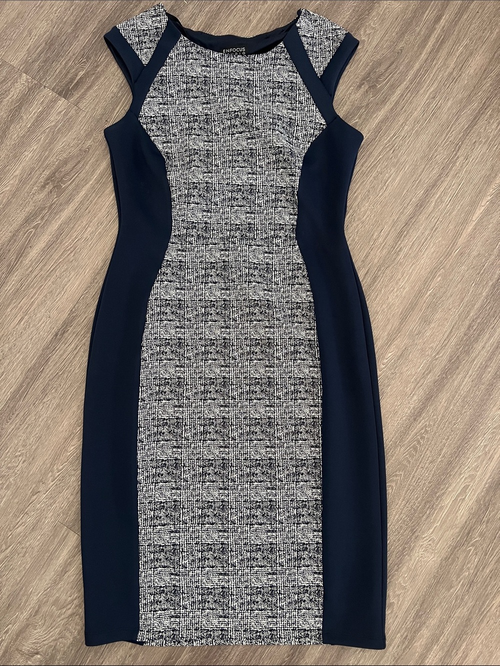 Enfocus Studio Navy and Gray Textured Panel Midi Dress